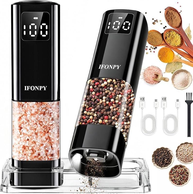 Upgraded Rechargeable Electric Salt & Pepper Grinders with Digital Dis