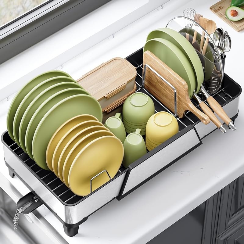 Urackify Triple Expandable Stainless Steel Dish Drying Rack with Pans 