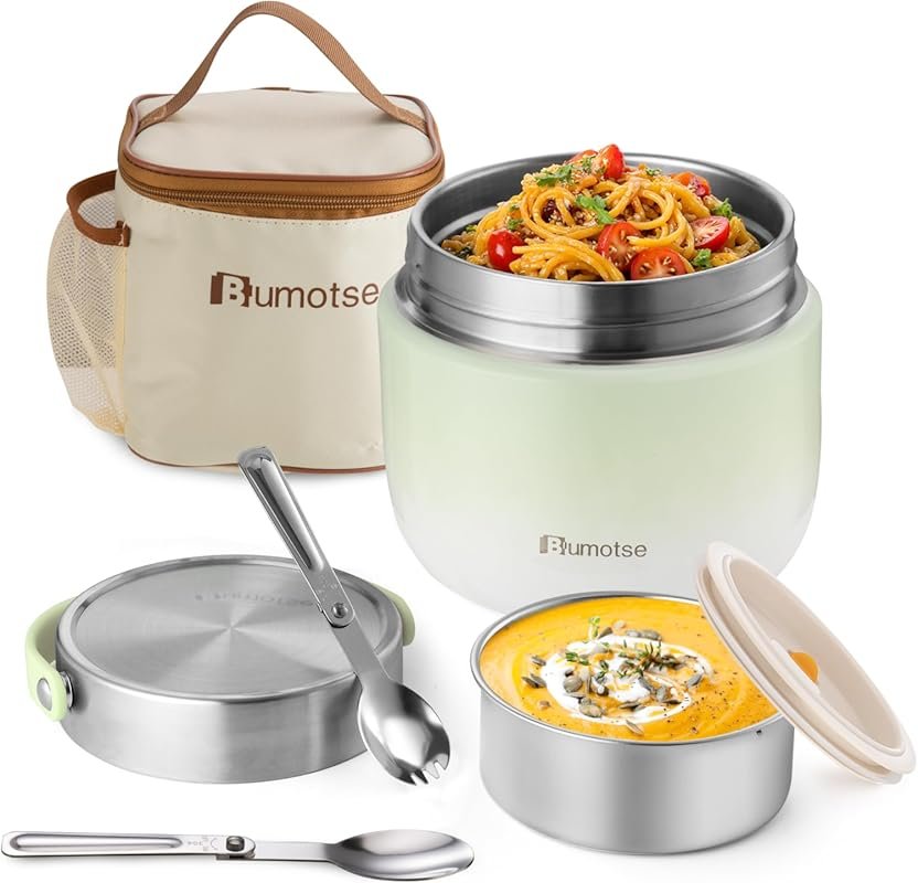 40oz Green Insulated Bento Box with Wide Mouth, Stainless Steel, Spoon