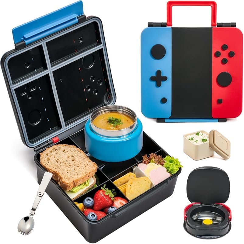 Game Bento Box for Kids – Thermo Jar, Folding Spoon & Sauce Cup, BPA-F