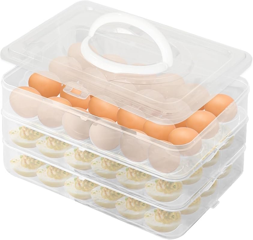 3-Layer Plastic Egg Container with Handle & Lid, Holds 72 Eggs, Keeps 