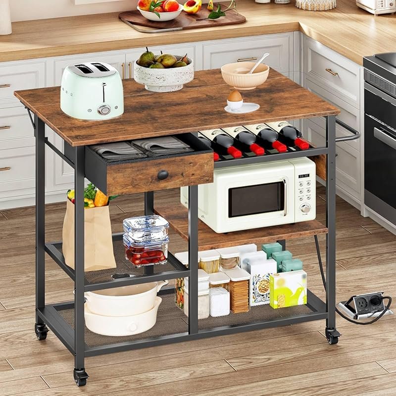 HOOBRO Rolling Kitchen Island with Power Outlet, Drop Leaf & Adjustabl
