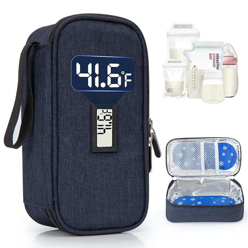 Navy Blue Breast Milk Cooler Travel Bag with Real-Time Temp Display, H