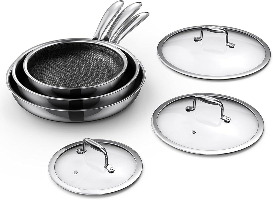 MOMOSTAR 6-Piece Hybrid Nonstick Fry Pan Set, Tempered Glass Lids, Sta