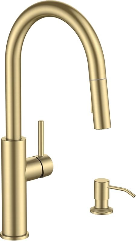 FORIOUS Brushed Gold Kitchen Faucet with Pull Down Sprayer and Soap Di