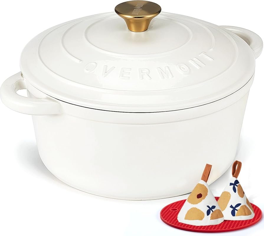 Overmont 5.5QT Enameled Cast Iron Dutch Oven with Lid, Cookbook & Poth