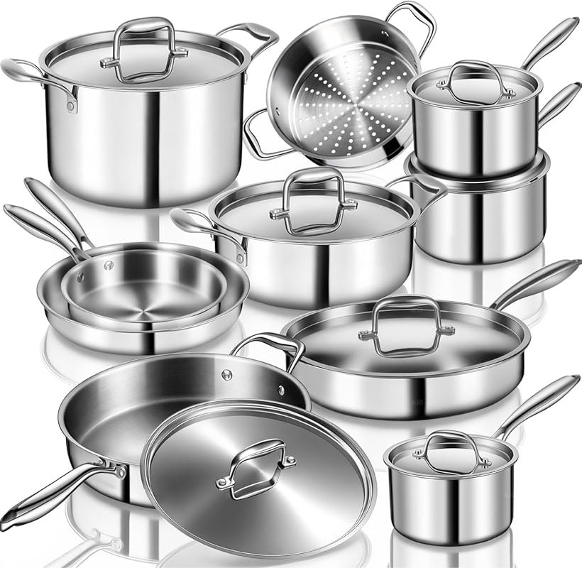 EWFEN 3 Ply 17-Piece Stainless Steel Cookware Set, Induction & Dishwas