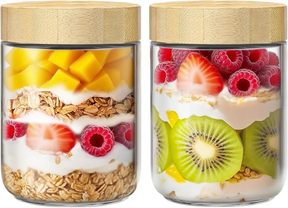 2 Pack 16oz Glass Jars with Bamboo Lids, Overnight Oats Containers, Wi