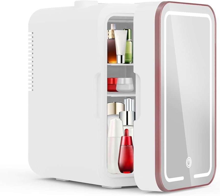 YLFU Mini Fridge with LED Mirror, 6L Skincare Cooler & Warmer for Dorm