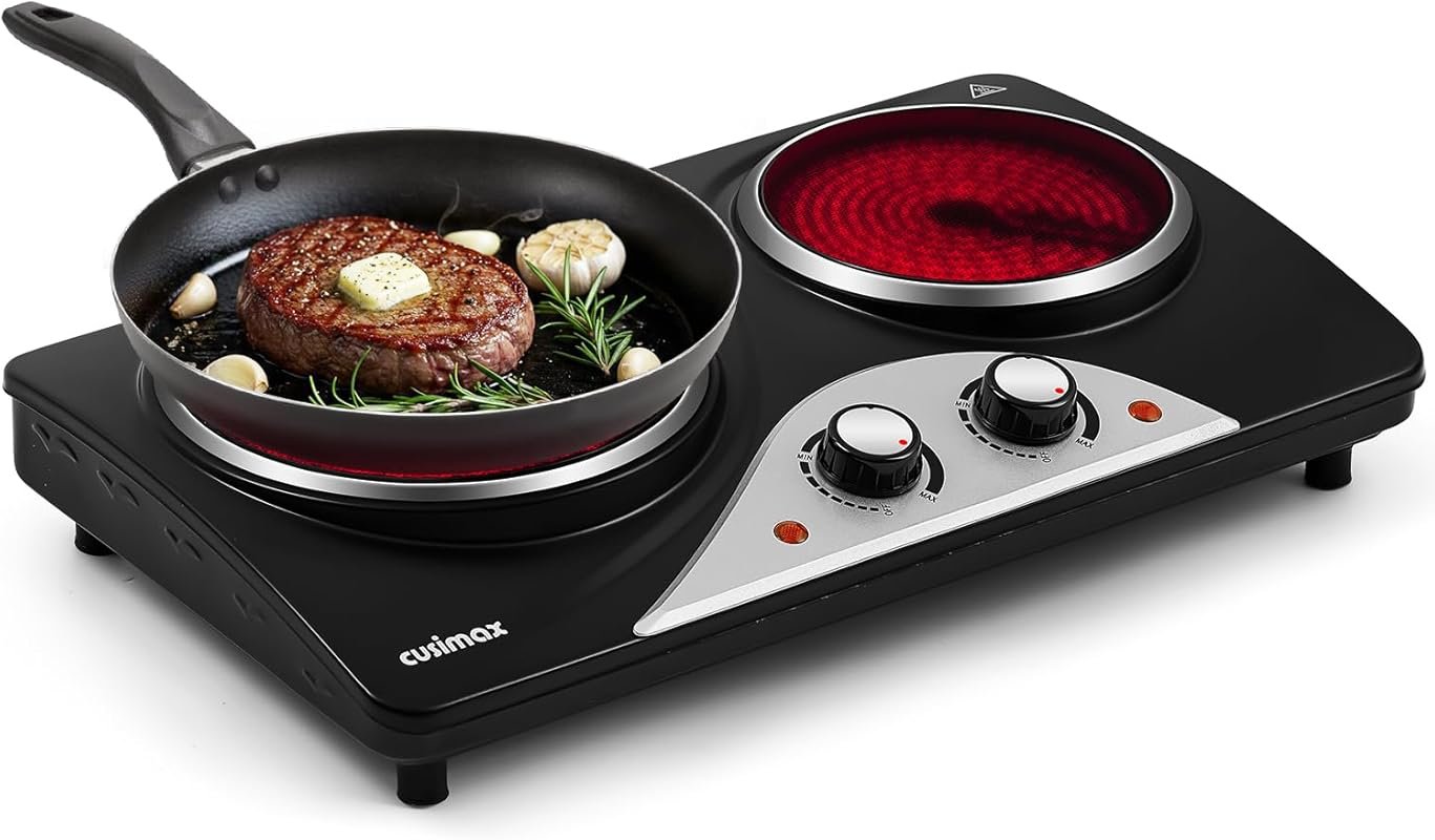 CUSIMAX Dual Ceramic Infrared Burner, 1800W Portable Cooktop, Fast Hea