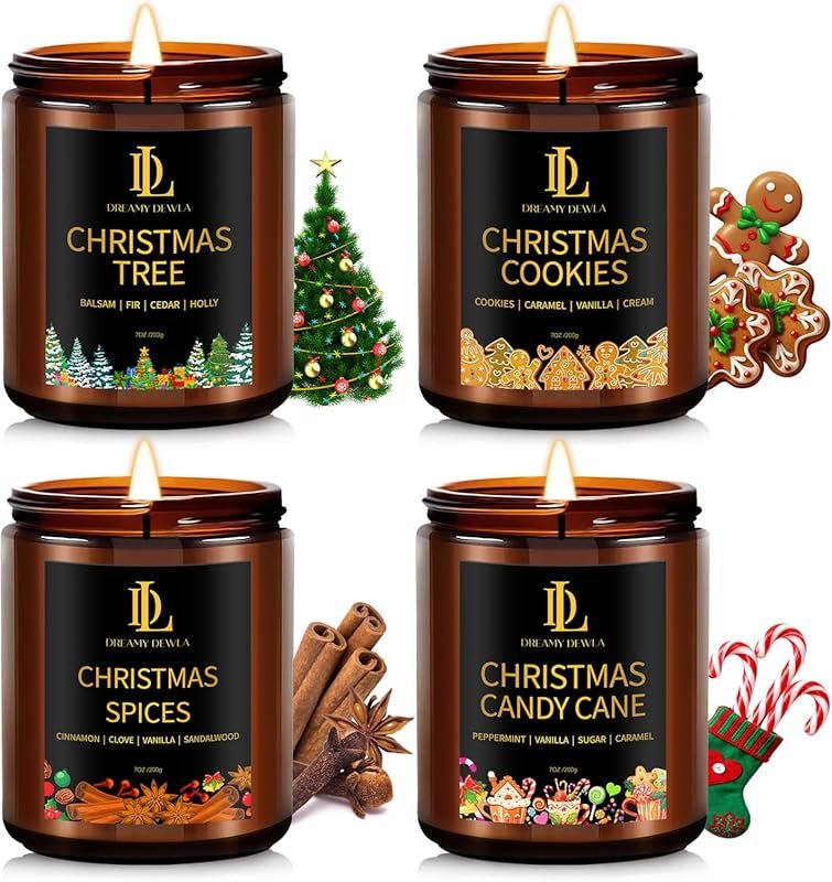 4-Pack Holiday Soy Candles – Christmas Tree, Cookies, Spices, Candy Ca