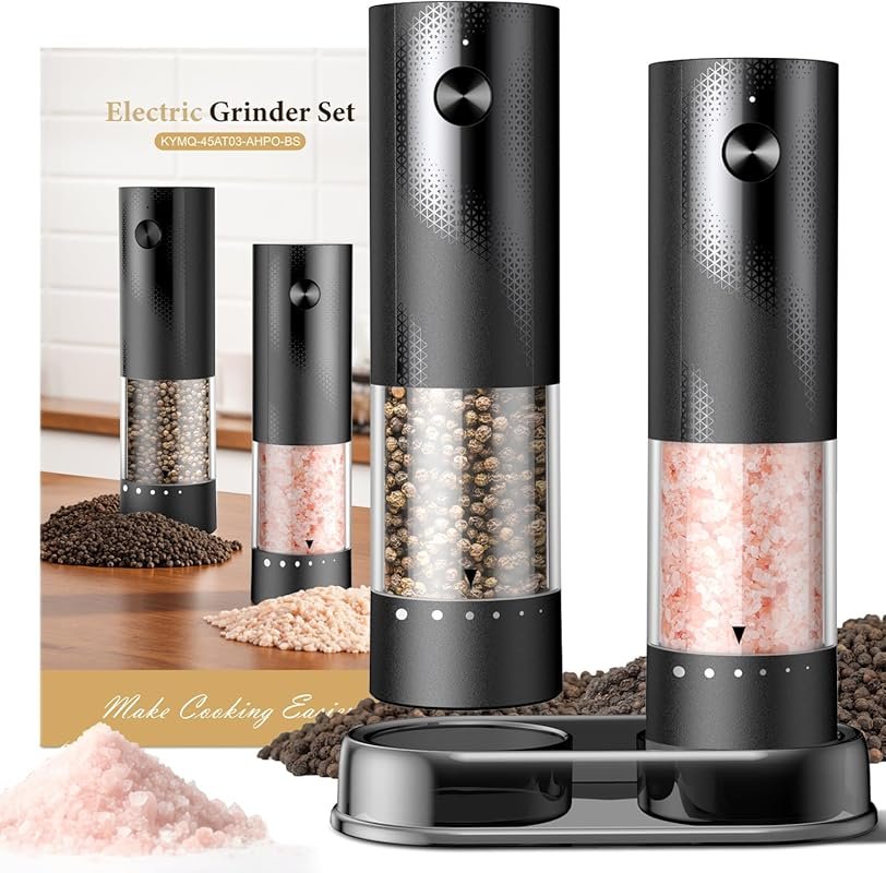 Electric Salt and Pepper Grinder Set Rechargeable, LED Light, Adjustab