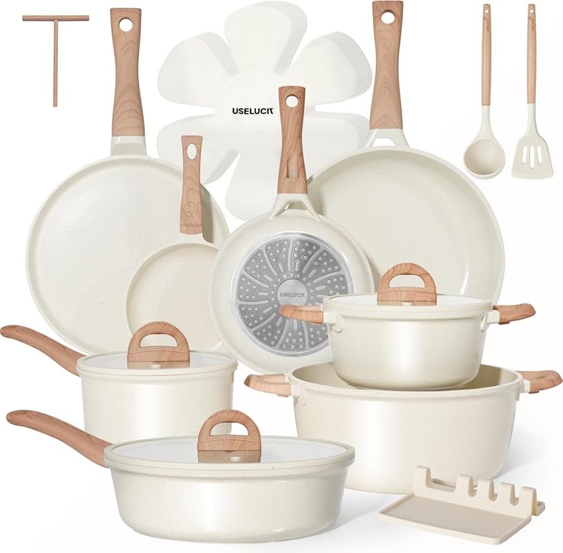 22-Piece Cream White Granite Nonstick Ceramic Cookware Set, PFOA/PFOS-