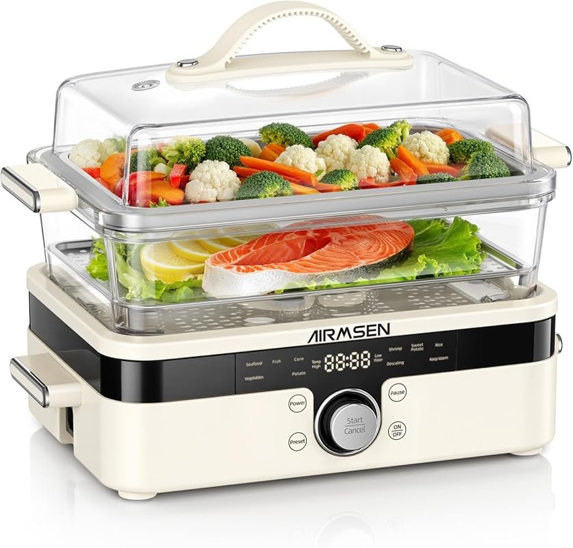 AIRMSEN Glass Food Steamer, 8.5QT with 2-Tier Stainless Steel Trays & 
