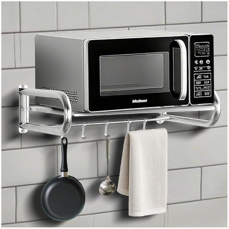 Wall-Mounted Microwave Shelf with 5 Hooks & Guardrails, 30kg Capacity,