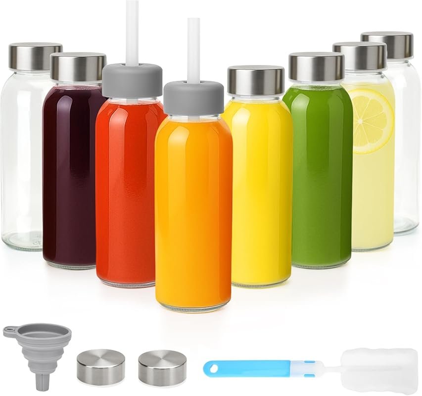 Zukro Glass Juice Bottles, 8-Pack 10.5 oz Airtight Stainless Steel Lid