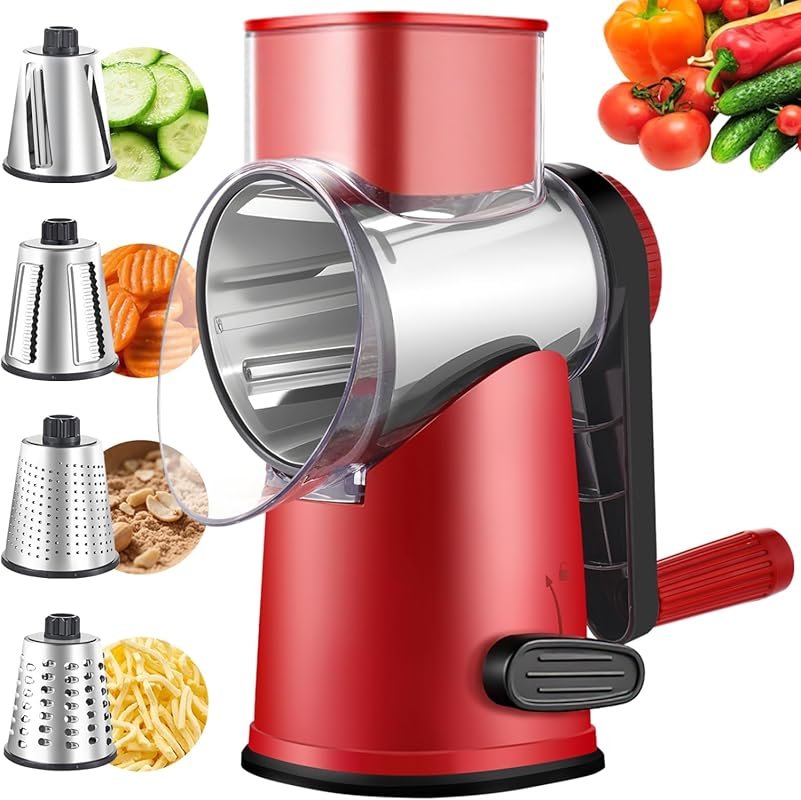 Large Hand Crank Cheese Grater with Waffle Slice & Suction Base in Red