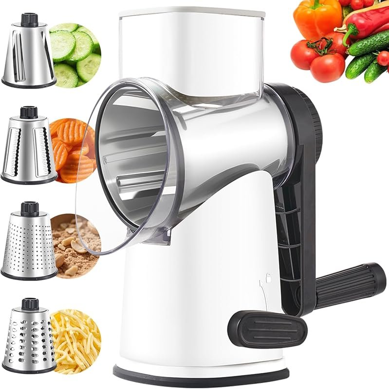 Hand Crank Cheese Grater with 4 Blades & Suction Base for Fast Shreddi