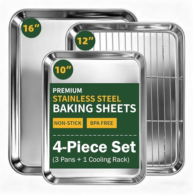 4-Piece Non-Stick Stainless Steel Baking Sheet & Cooling Rack Set for 