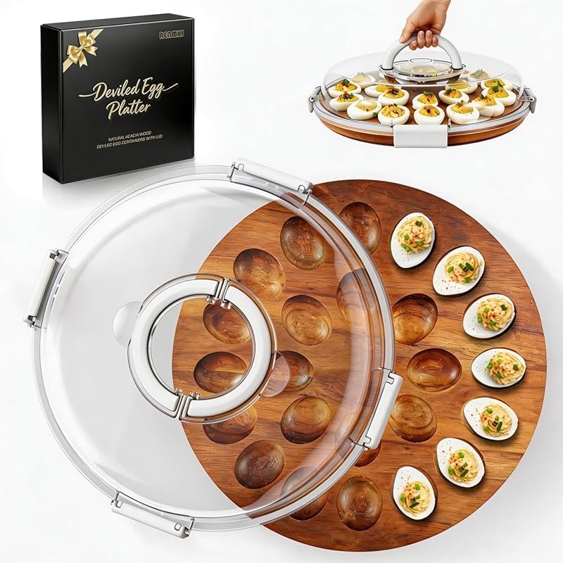 Renmxj Acacia Wooded Deviled Egg Tray with Lid, 24-Capacity, Dishwashe
