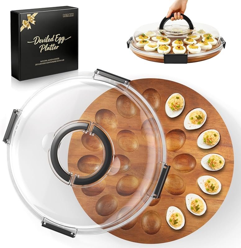 Renmxj Acacia Wooded Deviled Egg Tray with Lid, 24-Capacity, Dishwashe