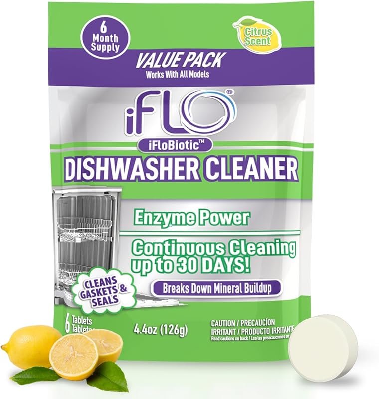 iFLO Dishwasher Cleaner Tablets with iFLObiotic, 6-Pack for Odor Elimi