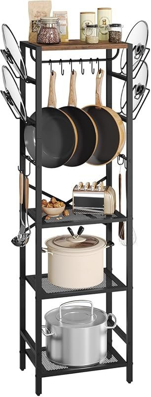 MAHANCRIS 4-Tier Rustic Brown Pot Rack with U-Shaped Lid Holders, Kitc