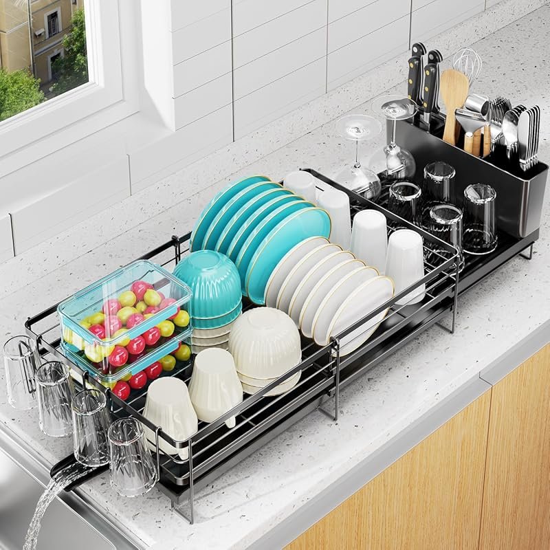 Multifunctional expandable dish drainer with drainboard & cup holder