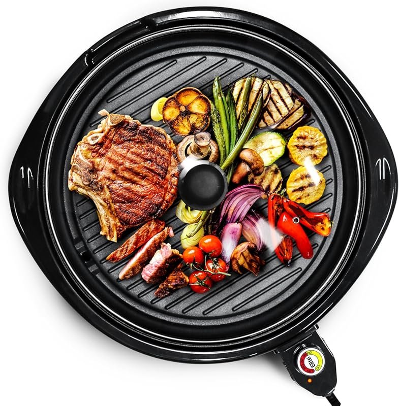 Elite Gourmet Large Round Indoor Grill with Glass Lid & Nonstick Surfa