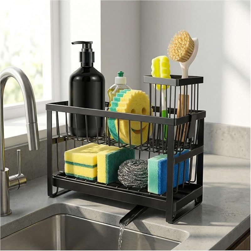 2-Tier Self-Drain Sink Caddy with Dish Brush Holder for Sponges, Brush