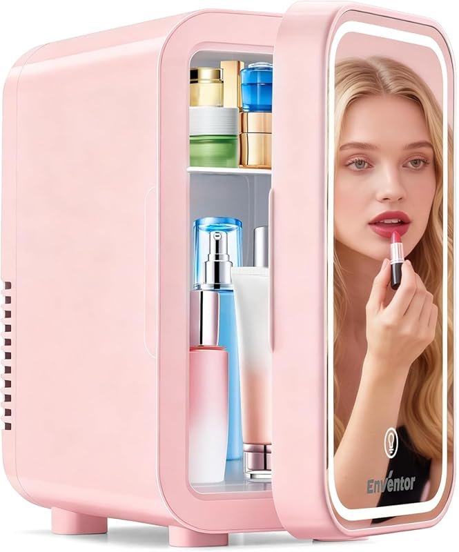 Enventor Mini Skincare Fridge with Dimmable LED Mirror, 6L Compact Por
