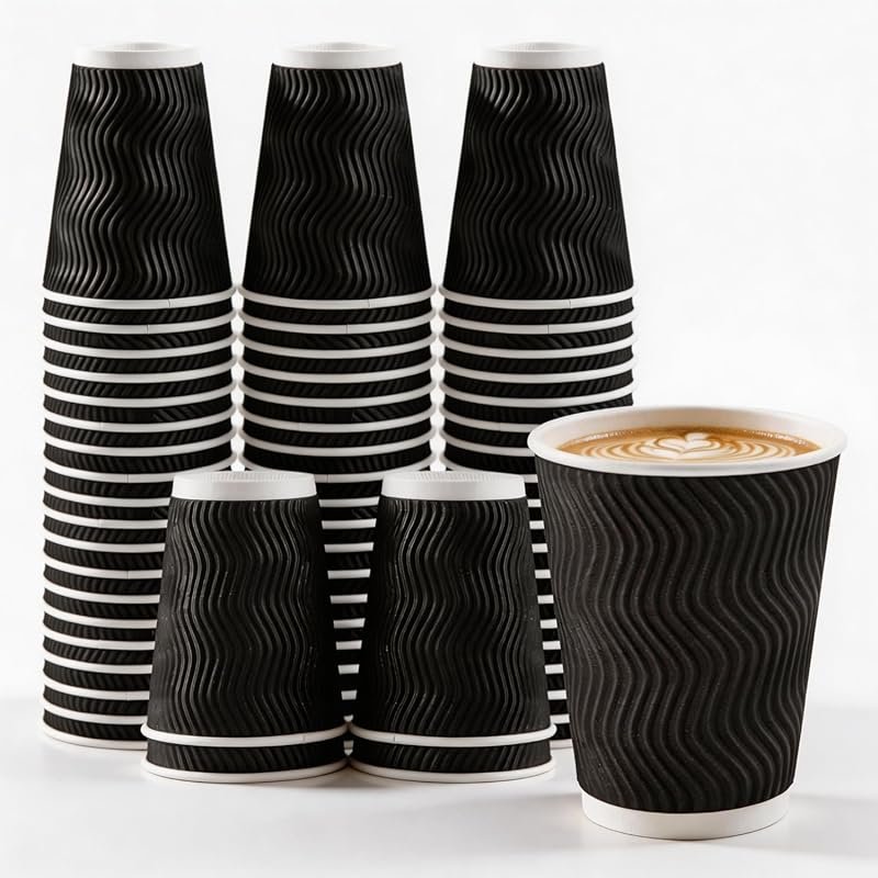 MOUMOULIFE 50ct 12oz Black Corrugated Insulated Cups – Ripple Wall for