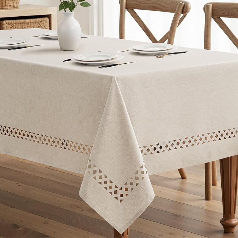 MIULEE Beige Polyester-Linen Tablecloth with Cutouts Waterproof Stain 
