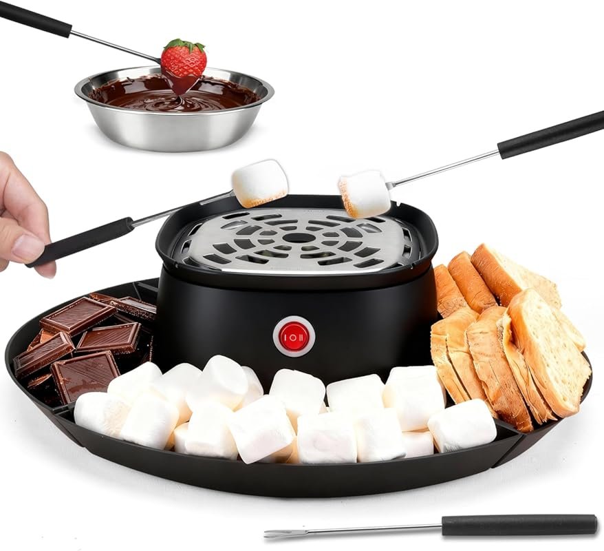 SugarWhisk 2-in-1 Electric S'mores & Fondue Set with 4 Forks, 4 Trays 