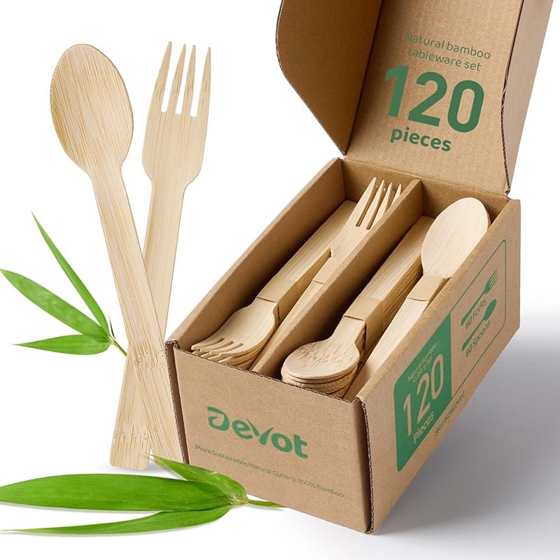 Natural Bamboo Disposable Cutlery – 120 PCS Biodegradable Forks & Spoo