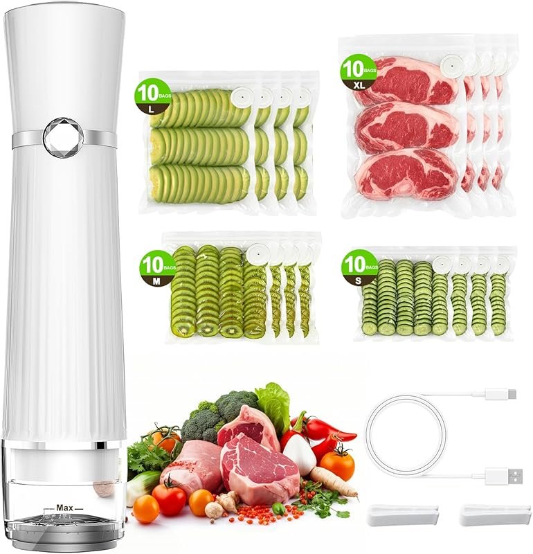 Compact Handheld Vacuum Sealer with 40 Reusable Bags – 80Kpa Power, 10
