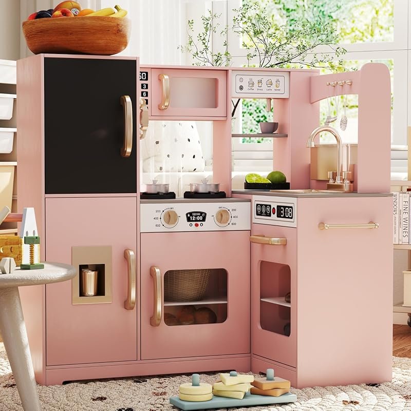 Pink Corner Toy Kitchen with Lights & Pretend Play Accessories for Gir