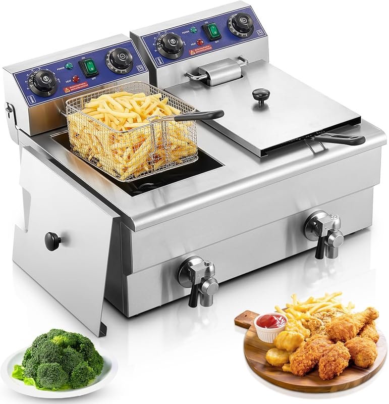 FOHERE 23.3Qt Commercial Deep Fryer with Oil Filtration & Lid, 3000W S