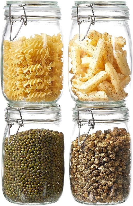 ODBCYWM 34oz Glass Food Storage Jars with Airtight Lids – Set of 4 for