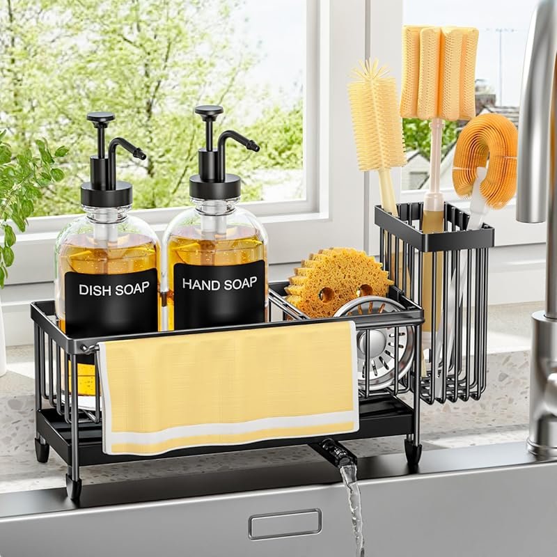 Kitchen Soap Dispenser Set with Sponge Holder & Towel Rack, 17OZ Glass