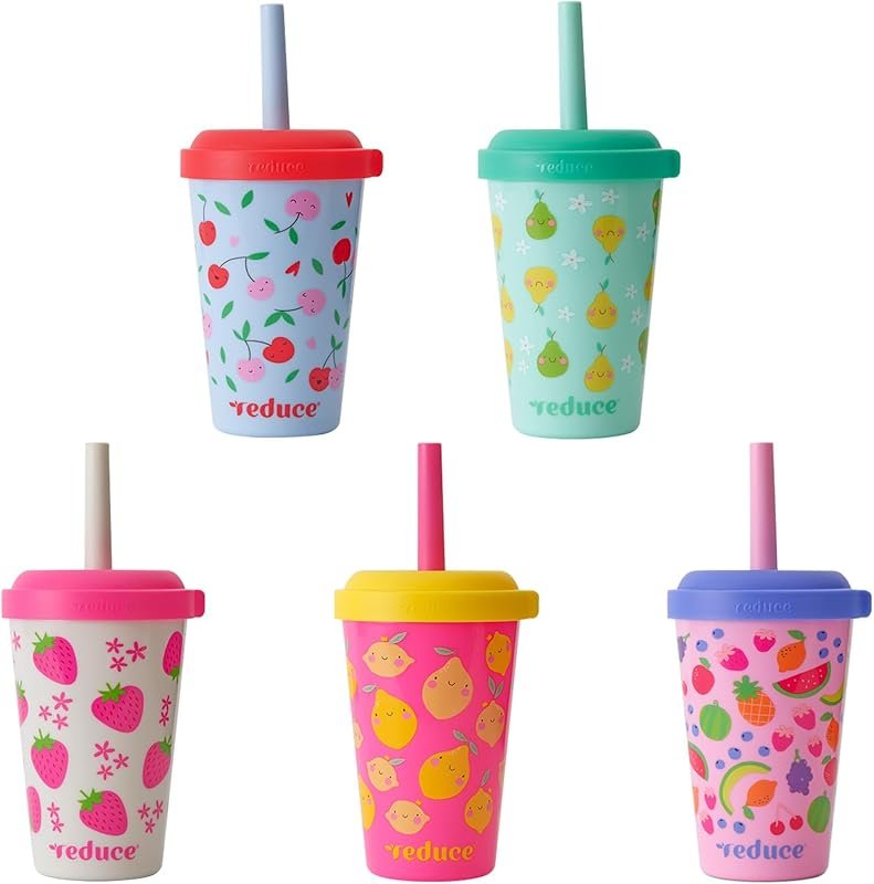 REDUCE GoGo Stackable 12oz Kids Tumblers with Spill-Proof Straws, 5-Pa