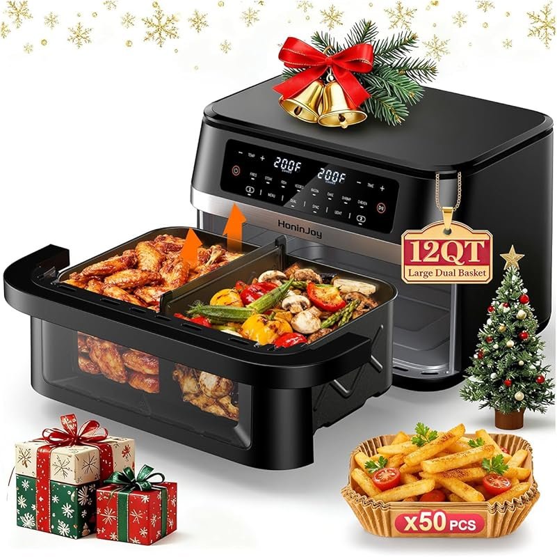 12QT Large Dual Basket Air Fryer with Flex Basket, Viewing Window, 12-