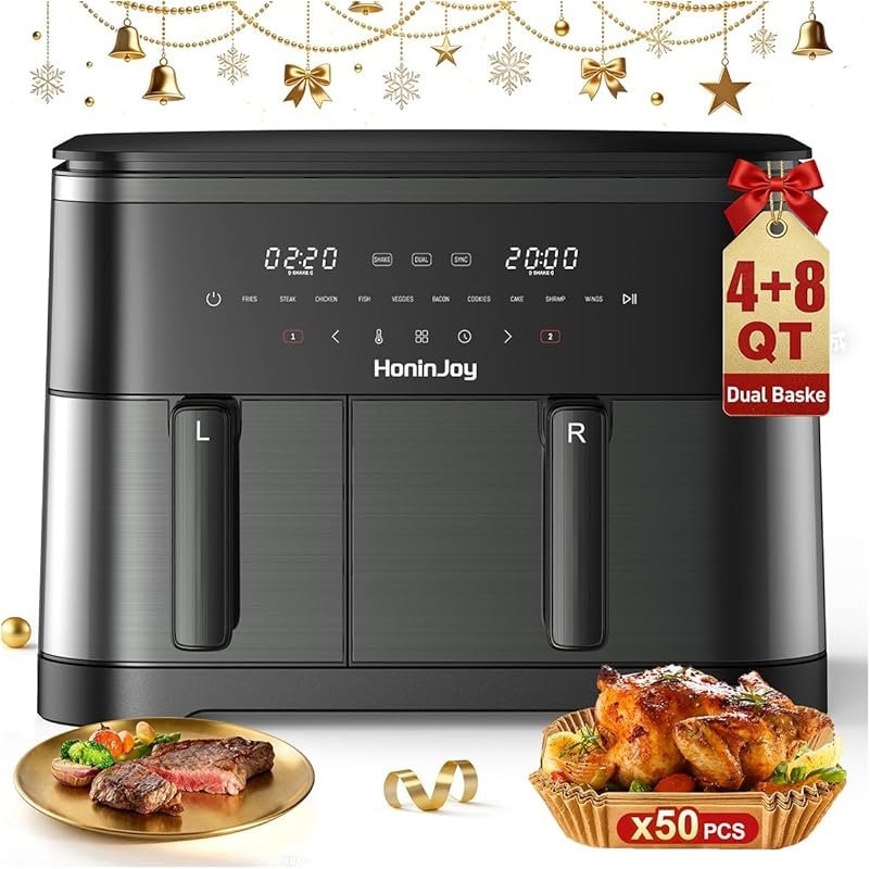 12QT Large Dual Basket Air Fryer 13-in-1 Touchscreen, Sync & Dual Zone