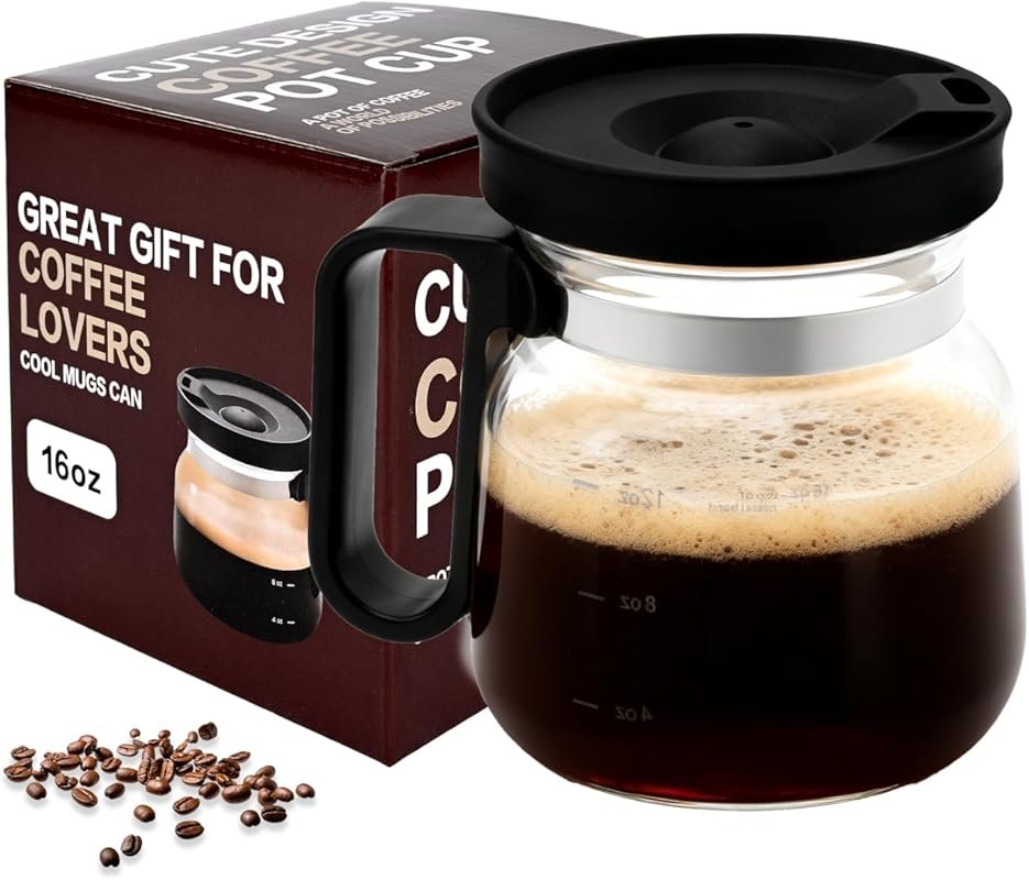 16 Oz Glass Coffee Pot Mug with Lid, Unique Gift for Coffee Lovers & Coworkers