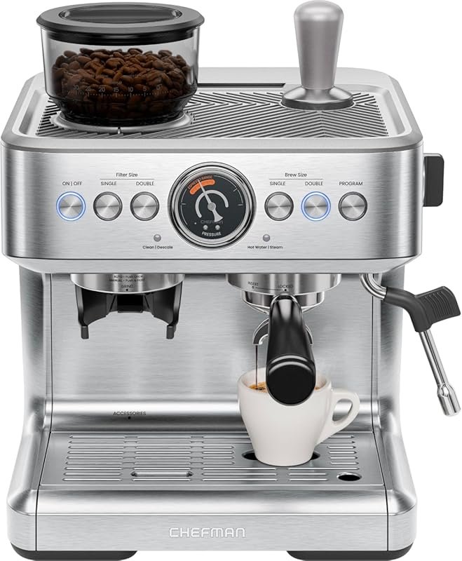 Chefman Crema Supreme 15 Bar Espresso Machine with Grinder, 30 Grind S