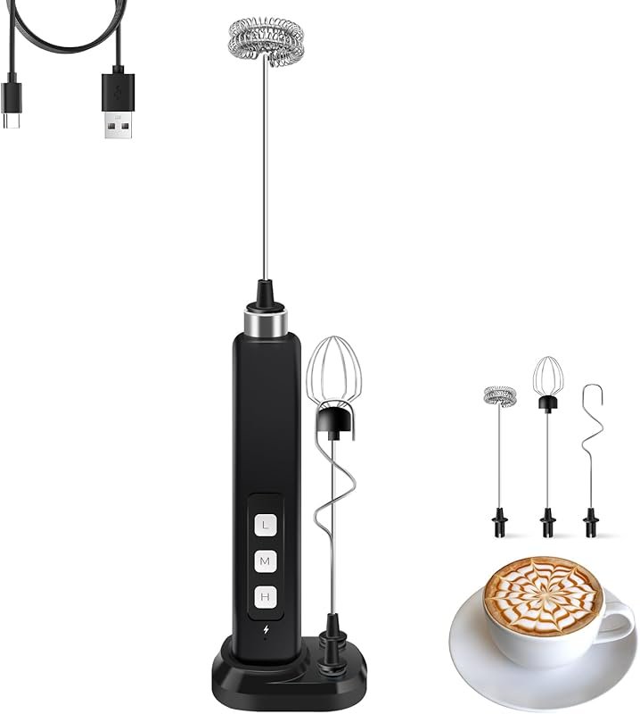 Rechargeable 3-Speed Handheld Frother with 3 Detachable Stainless Whis
