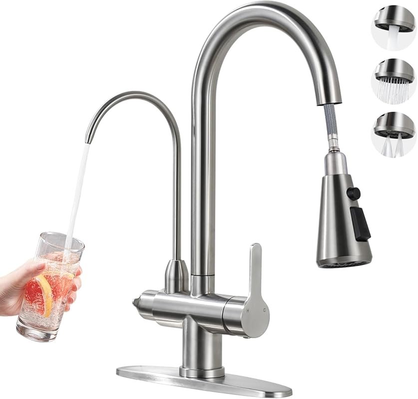 Brushed Nickel Kitchen Faucet with Water Filter, Stainless Steel Pull 