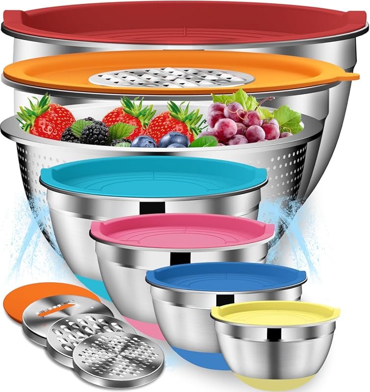 DUTZUN 16PCS Stainless Steel Mixing Bowls with Colander, 3 Graters & N