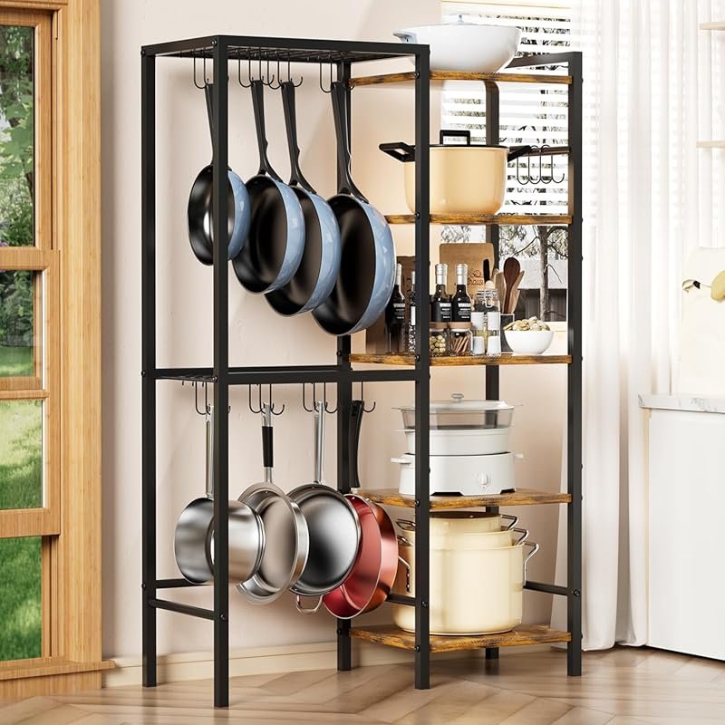 5-Tier Heavy-Duty Metal Pot and Pan Organizer with Hooks for Kitchen S