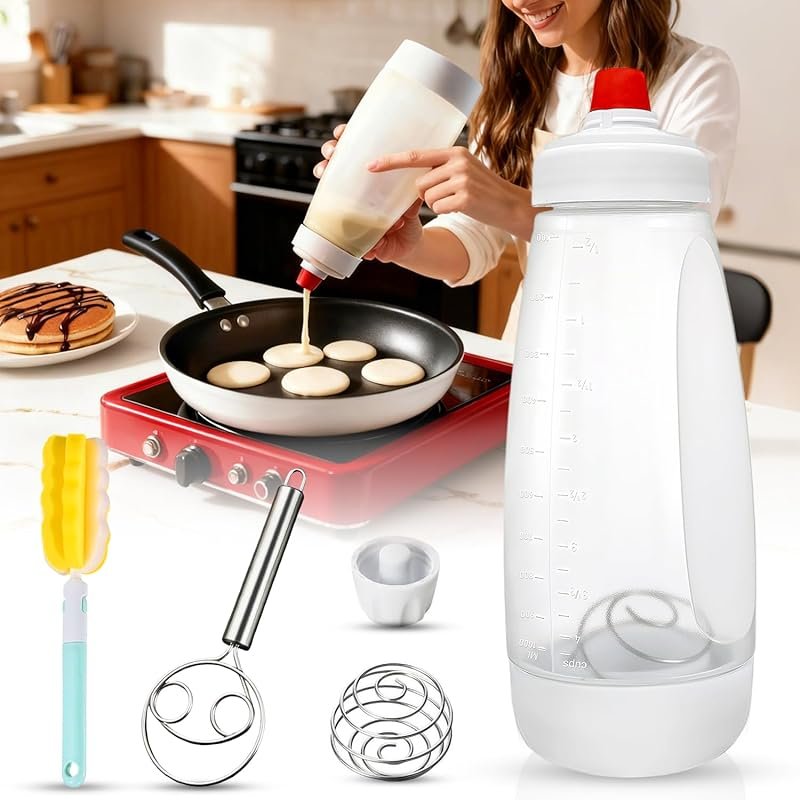 Pancake Batter Dispenser Bottle Kit – 4.5-Cup Mixer with Stainless Ste